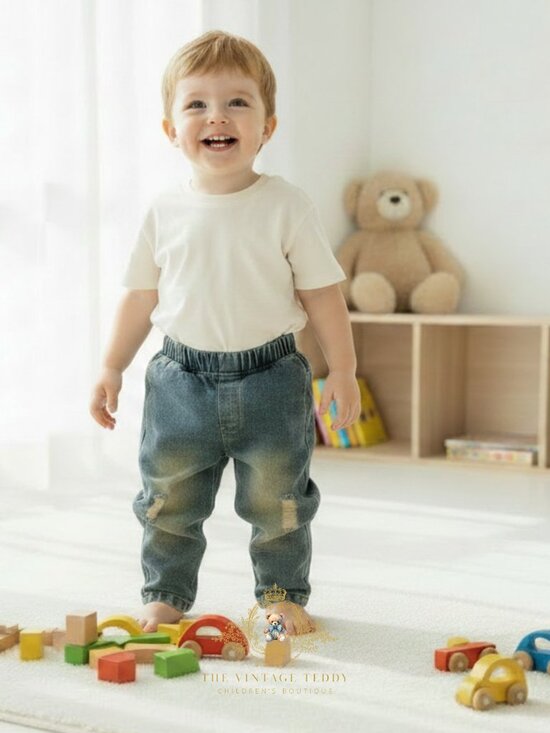 Other - NWT Cute Boys Jeans Straight Leg Pants Relaxed Fit Distressed Denim Dark Blue 2T